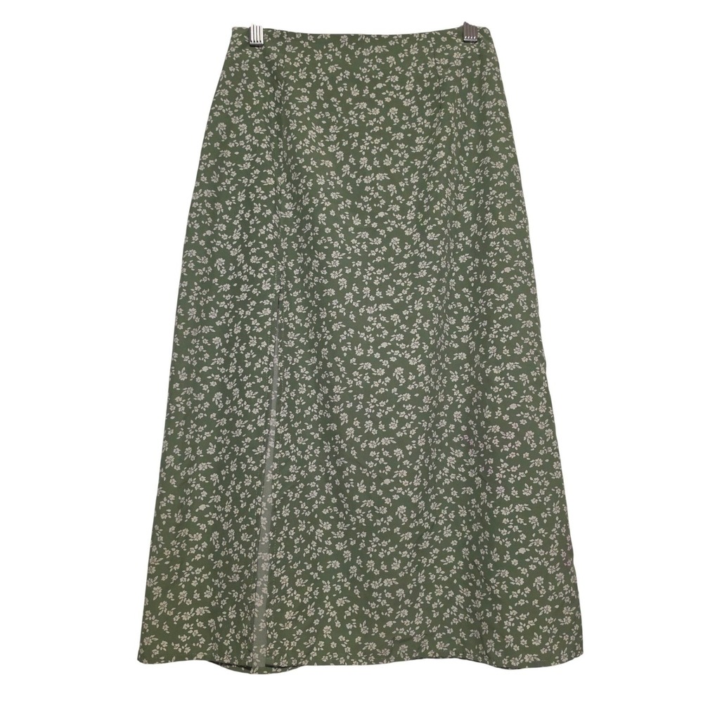 SHEIN Ditsy Floral Side Slit High Waist Midi Skirt Sage Green White Size XS 2